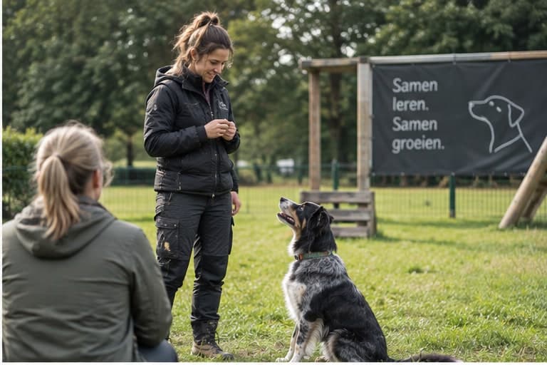 Een hondentrainer oefent samen met een eigenaar en haar hond op het trainingsveld